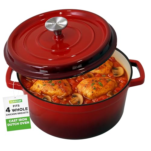 NutriChef Enameled Cast Iron Dutch Oven – 5 QT Pot with Lid, Cooking Pot with Moisture-Sealing Lid for Bread Baking, Stews, Braising, Roasting, Marinating & Slow Cooking – Oven Safe Up to 500°F