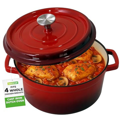 NutriChef Enameled Cast Iron Dutch Oven – 5 QT Pot with Lid, Cooking Pot with Moisture-Sealing Lid for Bread Baking, Stews, Braising, Roasting, Marinating & Slow Cooking – Oven Safe Up to 500°F