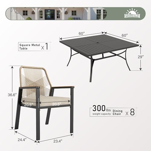 9 Pieces Patio Dining Set, 8 x Woven Rattan Chairs with Waterproof Cushion, 60" Square Metal Dining Table with Umbrella Hole, Outdoor Table and Chairs Set for Backyard Lawn and Deck, Beige