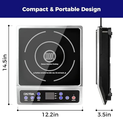 OSTBA 1800W Portable Induction Cooktop, Large Heating Coil Countertop Induction Burner, 10 Power Levels & 120–460°F Temperature Control, 3H Timer, Keep Warm, ETL Certified