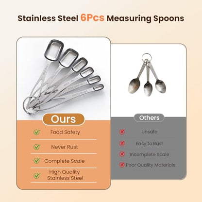 6PCS Narrow Measuring Spoons Set, Stainless Steel Measuring Spoon Fits in Spice Jars, Metal Teaspoon Measuring Spoons, Rectangular Tablespoon, Long Measuring Spoons for Dry & Liquid Ingredients