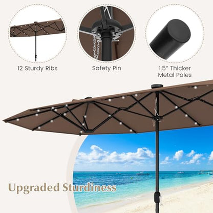 Tangkula 9 Pieces Rattan Outdoor Dining Set with 13Ft Solar Patio Umbrella for 6, Outdoor Wicker Table Set with 8 Cushioned Chairs, Acacia Wood Top, Outdoor Umbrella with Base Included