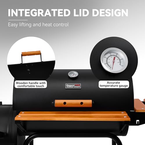 Royal Gourmet CC1624W Barrel Charcoal Grill with Offset Smoker, 552 Sq. In. Cooking Area, Wooden Front and Side Shelf with Hooks, Mesh Bottom Shelf, Charcoal Grill for Outdoor Grilling, Black