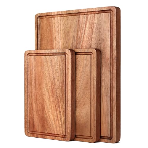 Acacia Wood Cutting Boards Set with Juice Groove & Handles for Kitchen 3-Piece Charcuterie Chopping Board for Meat Cheese Fruits Vegetables