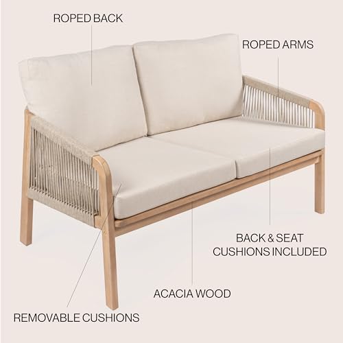 JONATHAN Y Arwen Bohemian 49" Acacia Outdoor Loveseat, Beige/Light Teak