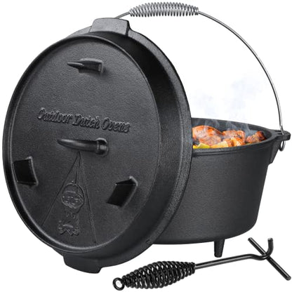 LIFERUN Dutch Oven Pot with Lid, 13.2 Quart Cast Iron Dutch oven, with Lid Lifter Handle & Stand and Dual Function Griddle for Home Cooking BBQ Baking, black