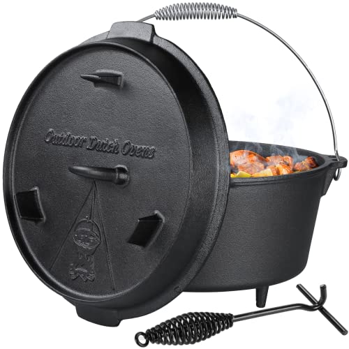LIFERUN Dutch Oven Pot with Lid, 13.2 Quart Cast Iron Dutch oven, with Lid Lifter Handle & Stand and Dual Function Griddle for Home Cooking BBQ Baking, black