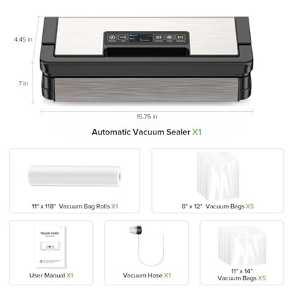 JLHSWENND Vacuum Sealer for Food, 95kPa Food Saver Vacuum Sealer Machine, Dry/Moist Food, Automatic Food Sealer, Touch Display, Double Heat Seal (Gunmetal Steel)