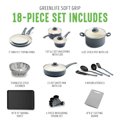 GreenLife Soft Grip Healthy Ceramic Nonstick 18 Piece Kitchen Cookware Pots and Frying Sauce Saute Pans Set, PFAS-Free with Kitchen Utensils and Lid, Dishwasher Safe, Gray
