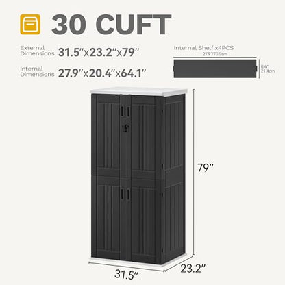 DWVO Outdoor Vertical Storage Cabinet with 4 Shelves, Waterproof Tall Plastic Storage Shed with 4 Adjustable Shelf, 30 cu. ft. Patio Tools Storage Box for Patio, Garden, Backyard, Deck, Dark Gray