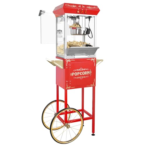 Foundation Popcorn Maker Machine with Cart - 8oz Stainless Steel Kettle Makes up to 48 Cups - Movie Theater Style Vintage Popcorn Machine Cart on Wheels by Great Northern Popcorn (Red)