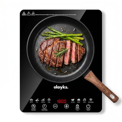 olayks Protable Induction Cooktop, 1800w Hot Plate Electric Stove with Child Safety Lock, Timer, 8 Power Levels, Single Burner Electric Cooktop with Large Heating Coil, Fast Heating