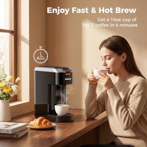 Aromvel Single Serve Coffee Maker for K Cup Pods, One Button Coffee Maker, 6-14oz Brew Sizes, Fits Travel Mug, Compact for Small Kitchen, Office, Dorm, RV, Silver