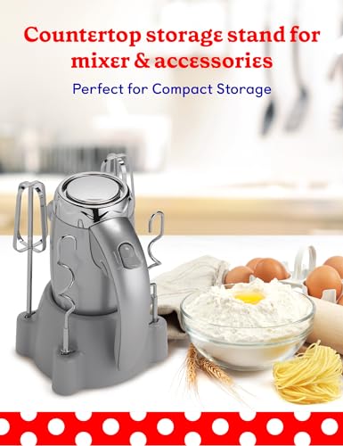 BETTY CROCKER Hand Blender 7 Speed, 250 Watt Electric Mixer with Beaters and Dough Hooks, Ergonomic Electric Hand Mixer for Home & Kitchen with Stand and Soft Touch Handle, Silver
