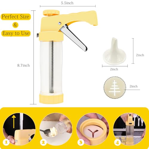 Cookie Press, Spritz Cookie Press for Baking, Thicken Cookies Press Gun Kit with 16 Discs and 6 Icing Tips, Suitable for DIY Cookies Maker and Cake Icing(Yellow)