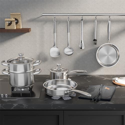 Meythway Pots and Pans Set Non Toxic, 16PCs Stainless Steel Cookware Set with Steamer, Kitchen Induction Cookware with Utensil Sets, Pot Protectors and Apron For Oven & Dishwasher Safe