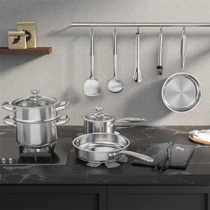 Meythway Pots and Pans Set Non Toxic, 16PCs Stainless Steel Cookware Set with Steamer, Kitchen Induction Cookware with Utensil Sets, Pot Protectors and Apron For Oven & Dishwasher Safe