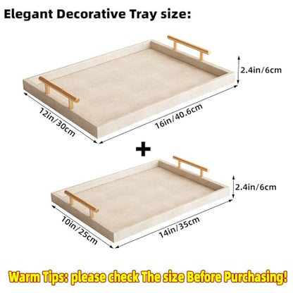 Modern Decorative Tray Set of 2 Ivory Shagreen Leather and Wood Serving Tray with Gold Polished Metal Handles for Ottoman, Coffee Table, Bathroom and More