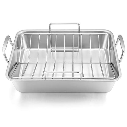 Leonyo Large Turkey Roasting Pan with V-shaped Rack, Rectangular 16 x 11.5 Inch Stainless Steel Turkey Roaster Pan with Rack Heavy Duty for Chicken Lasagna Vegetables Brownie, Dishwasher Safe, 2Pcs