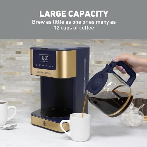 West Bend Timeless 12-Cup Programmable Coffee Maker with Brew Strength Selector for Hot and Iced Coffee, Includes 1-4 Cup Brew Option and Permanent Filter
