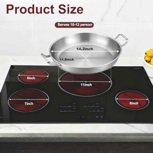 DELARLO Paella Pan 14 Inch Tri-Ply Stainless Steel Paella Pan with Lid, Jumbo Frying Pan, kitchen Induction Large Skillets,Great for Paella Parties Indoors Outdoors,Heavy Duty Style