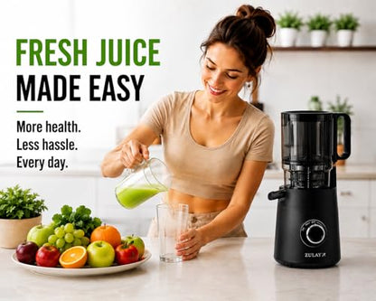 Zulay Kitchen Juicer Machine with 5" Wide Feed Chute, Cold Press Slow Masticating Juicer for Whole Fruits & Vegetables, Easy to Clean Stainless Steel Blades, High Juice Yield - Black