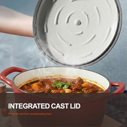 Overmont Enameled Cast Iron Dutch Oven - 5.5QT Pot with Wide Handles Lid Cookbook & Cotton Potholders - Heavy-Duty Pre-Seasoned Cookware Oven Safe to 500°F for Braising, Stews, Roasting, Sourdough Baking