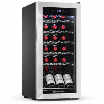 Tecnolove 18 Bottle Wine Cooler, 38-65°F Digital Temperature Control, 1.7 Cu.Ft Compact Wine Fridge, Freestanding Stainless Steel Glass Door with LED Light, Quiet Compressor for Red White Wine