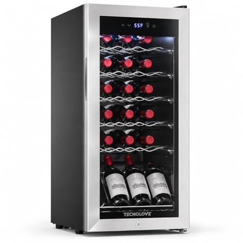 Tecnolove 18 Bottle Wine Cooler, 38-65°F Digital Temperature Control, 1.7 Cu.Ft Compact Wine Fridge, Freestanding Stainless Steel Glass Door with LED Light, Quiet Compressor for Red White Wine