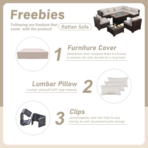 Lviden 10 Pieces Wicker Patio Furniture Set Outdoor PE Rattan Sectional Conversation Sofa Set with Non-Slip Cushions and 45" Fire Pit Table, Beige