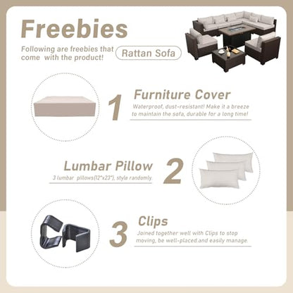 Lviden 10 Pieces Wicker Patio Furniture Set Outdoor PE Rattan Sectional Conversation Sofa Set with Non-Slip Cushions and 45" Fire Pit Table, Beige