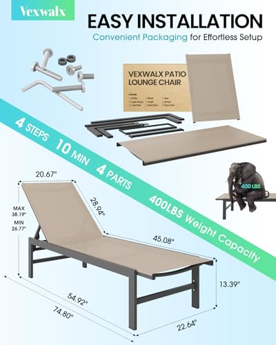 Vexwalx Outdoor Lounge Chair for Pool, Aluminum Chaise Lounge Chairs with 5-Position Recliner, Patio Lounge Chair for Backyard, Poolside, Deck, Lawn (Khaki)