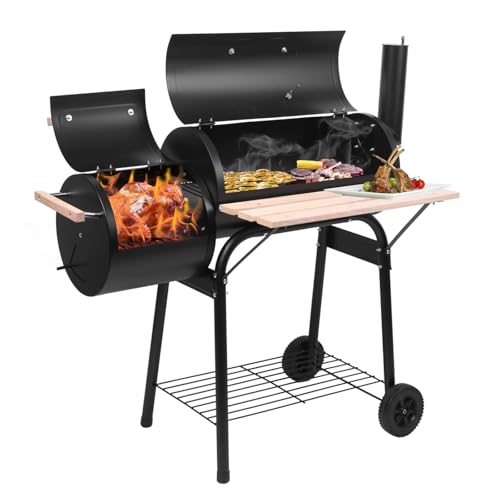 Large Charcoal Grill with Offset Smoker and Wood-Painted Side Table, Outdoor Smoker Grill with 811 Sq. In. Cooking Area for Outdoor Patio Barbecue Camping Parties Event, Black