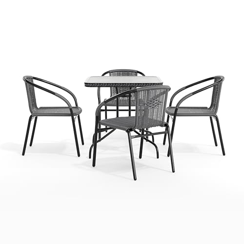 Flash Furniture 5-Piece 28" Square Indoor/Outdoor Patio Table and Chairs Set, Glass Metal Bistro Table and 4 Stacking Rattan Chairs, Gray