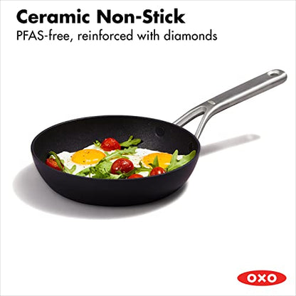 OXO Professional 8" Frying Pan Skillet, Hard Anodized Ceramic Nonstick Cookware PFAS-Free, Induction Suitable, Stainless Steel Handle, Diamond Reinforced Coating, Dishwasher Safe, Oven Safe, Black
