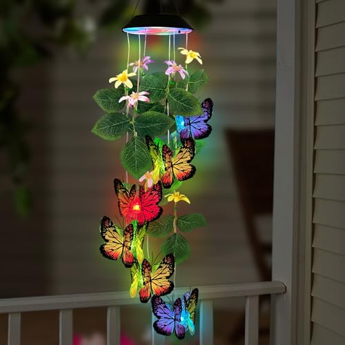 Solar Wind Chimes Outdoor,Colorful Butterfly with Color Changing LED Dangler Mobiles for Outside,Hanging Decoraition for Patio,Porch,Yard,Gifts for Women