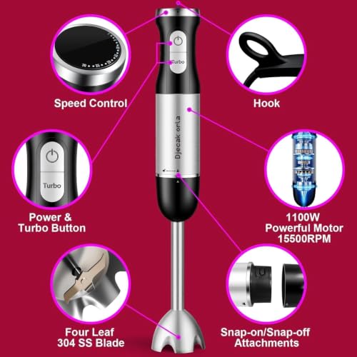 Djecak Orla 1100W 5-in-1 Immersion Blender Handheld, 30 Speed Stick Blender with Turbo, 15,500 RPM, Includes Whisk, Milk Frother, 500ml Chopper & 600ml Beaker Black