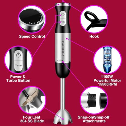 Djecak Orla 1100W 5-in-1 Immersion Blender Handheld, 30 Speed Stick Blender with Turbo, 15,500 RPM, Includes Whisk, Milk Frother, 500ml Chopper & 600ml Beaker Black
