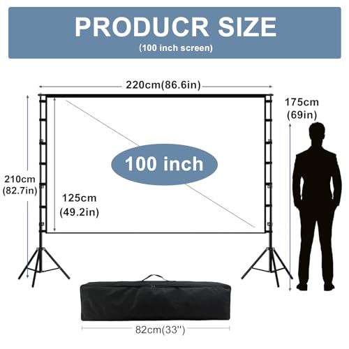 lejiada 100 Inch Outdoor Projector Screen with One-Piece Telescopic Stand, Wrinkle-Resistant 4K HD Movie Screen for Backyard, Camping and Indoor Home Theater (Fits Long Throw Projectors)
