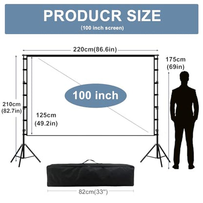lejiada 100 Inch Outdoor Projector Screen with One-Piece Telescopic Stand, Wrinkle-Resistant 4K HD Movie Screen for Backyard, Camping and Indoor Home Theater (Fits Long Throw Projectors)
