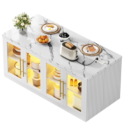 Homiflex Kitchen Island with Storage, Imitation Marble Island Table with LED Lights & Cabinet for Kitchen, Modern Kitchen Carts on Wheels for Dining Room, Home Bar, White