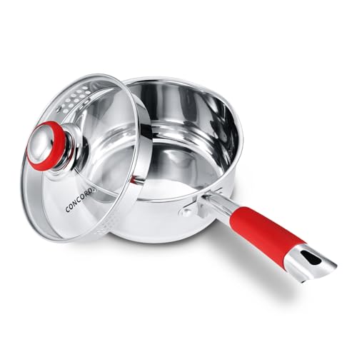 Concord 2 Quart Stainless Steel Saucepan with SIMPLE POUR Vented Glass Lid. Features Dual Pouring Spouts and Volume Marking. Perfect for making Sauces, Jam, Ramen, and more