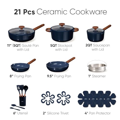 CAROTE 21pcs Cookware Set Nonstick Pots and Pans Set, Ceramic Cookware Set Induction Cookware, Non toxic Healthy Non Stick Kitchen Cooking Set, PFAS PTFE Free, Blue
