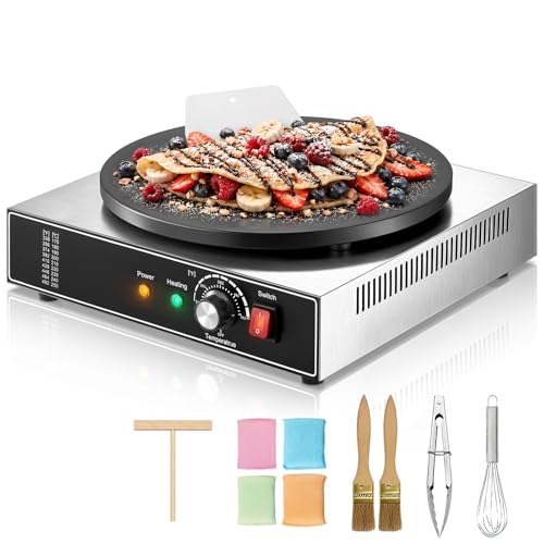 FOHERE 1700W Electric Crepe Maker, 17.1 Inch Commercial-Style Crepe Machine with 122°F-572°F Temperature Control, Iron Plate Griddle for Crepes, Dosas, Pancakes, Tortillas and Flatbreads