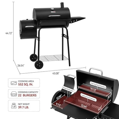 Grills House Barrel Charcoal Grill with Offset Smoker, Side Shelf with Hooks, Mesh Bottom Shelf, Blow-Molded Wheels, Outdoor Grilling and Backyard Cooking, CC1624S, Black