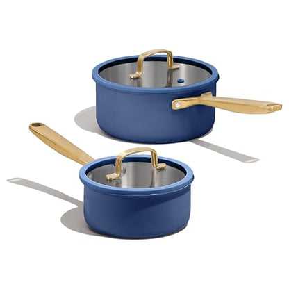 CAROTE 1.5QT & 3.0QT Stainless Steel Saucepan Set, Tri Ply Stainless Steel Sauce Pans with Lids, Small Kitchen Pots Milk Pots, Oven Safe, All Stove Compatible, Non Toxic, Blue