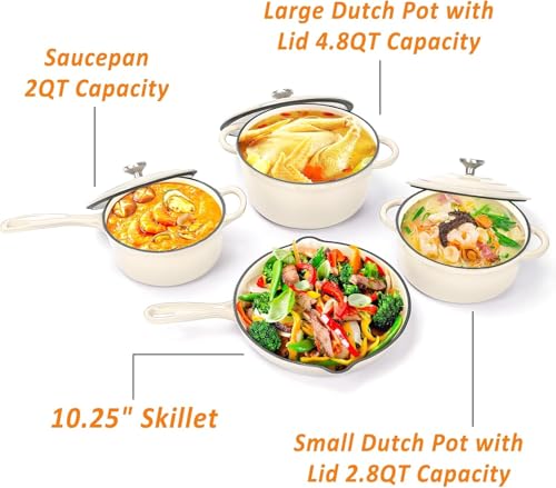 Hisencn Enameled Cast Iron Cookware Set - 7 Piece Dutch Ovens Set, Sauce Pan, Skillet, 3 Lids, Pots and Pans Set, Ceramic Coated Cast Iron, Heavy Duty, Gas/Induction Compatible, PFA Free