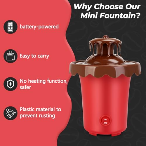 Mini Chocolate Fountain Machine, Removable Cheese for Chocolate, Candy, Portable Chocolate Melt Machine for Party, Camping, Birthday, Wedding, Powered by 4 x C Batteries(Not Included) (Red Plastic)