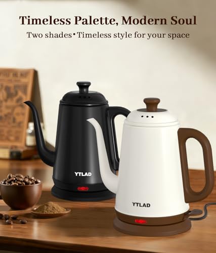 YTLAD Gooseneck Electric Kettle 1L, 1000W Fast Boiling for Pour-Over Coffee & Tea, 304 Stainless Steel BPA-Free, Precise Flow Spout, Auto Shut-Off & Boil-Dry Protection, Retro Style (White)