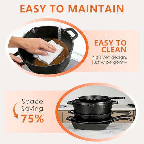Asderote 6 Piece Pre-Seasoned Cast Iron Cookware Set – Incl. 5QT Dutch Oven with Lid, 8'' and 10.25'' Cast Iron Skillets, 10.5'' Round Griddle, and a Square Grill Pan for Kitchen, Stovetop, & Camping